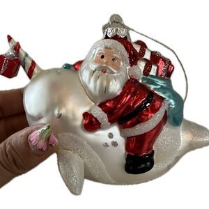 NWT Macy's Holiday Lane Glass Blown Santa Riding Narwal Christmas Ornament